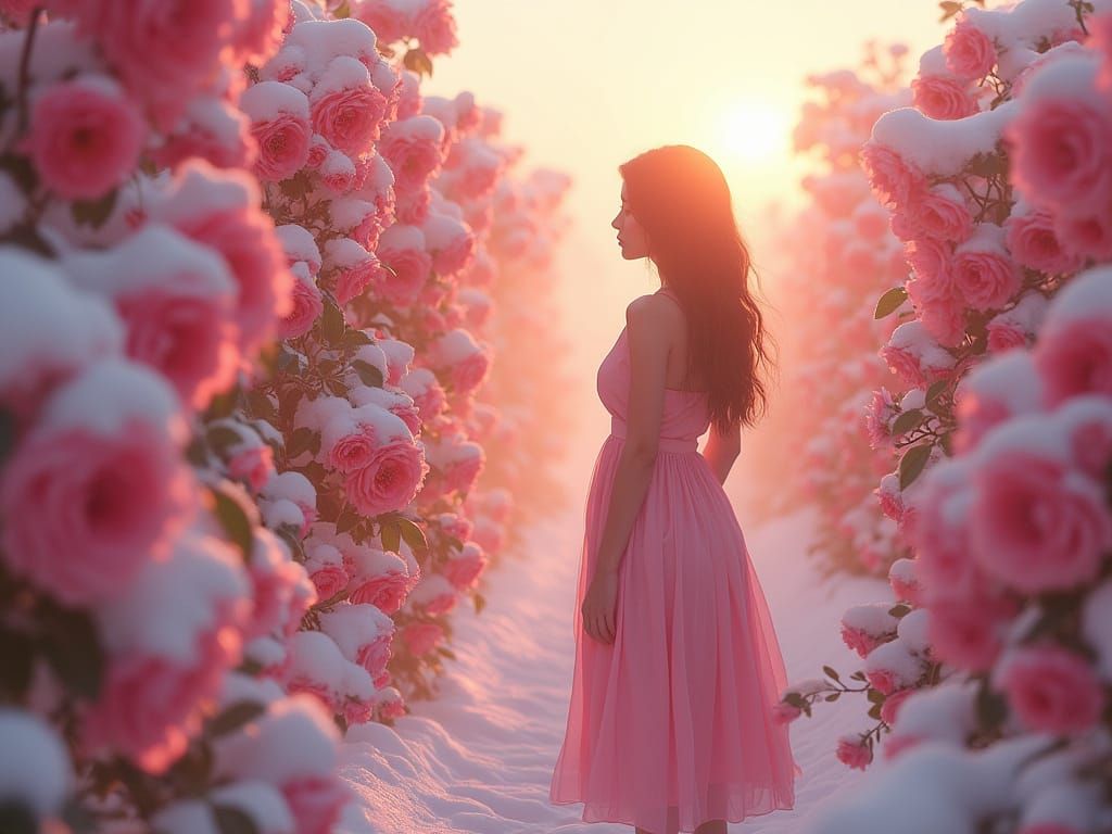 Woman in Snow-Covered Roses, Vibrant Surreal Style