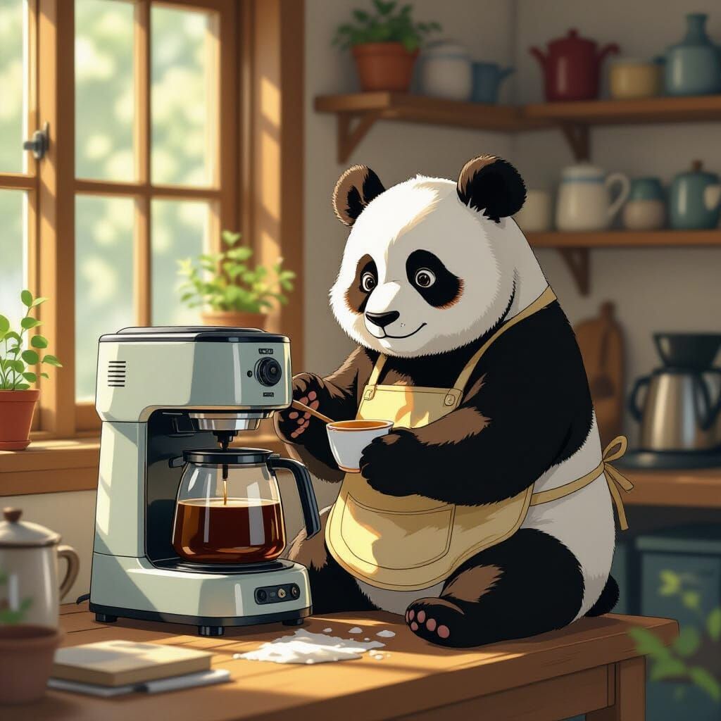 Panda Cleaning Coffee Maker in Sunlit Workshop