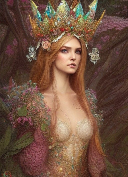 Elf in Mushroom Gown: Hyper-Detailed Digital Art