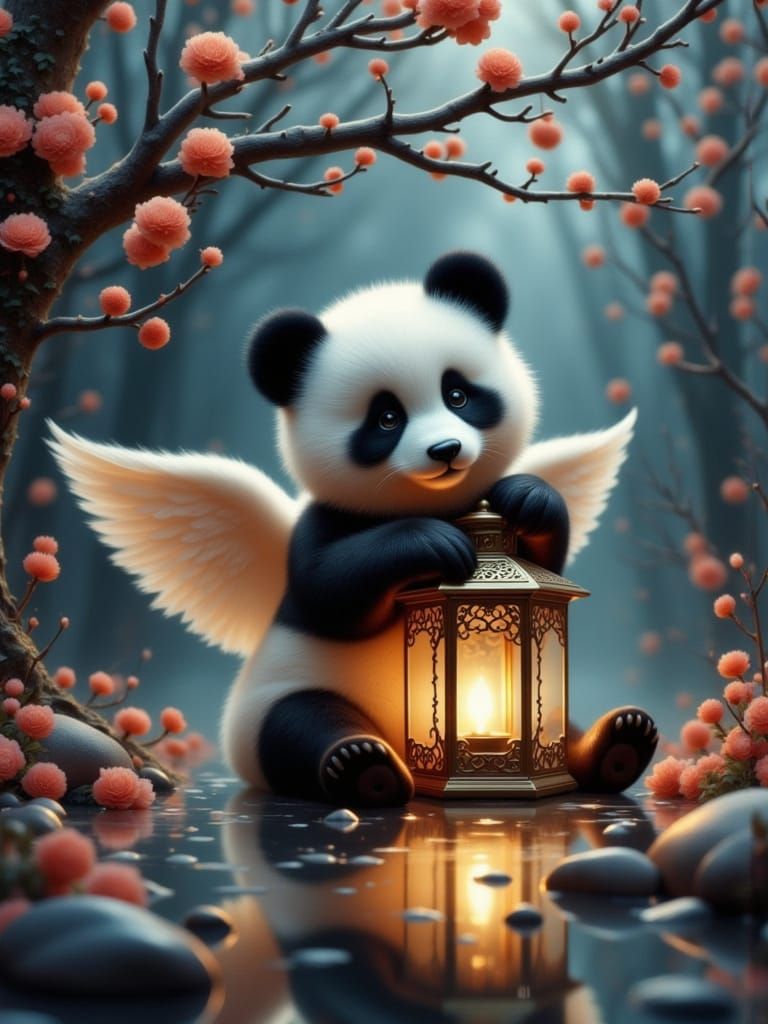 Adorable Baby Panda with Angel Wings Holding Lantern