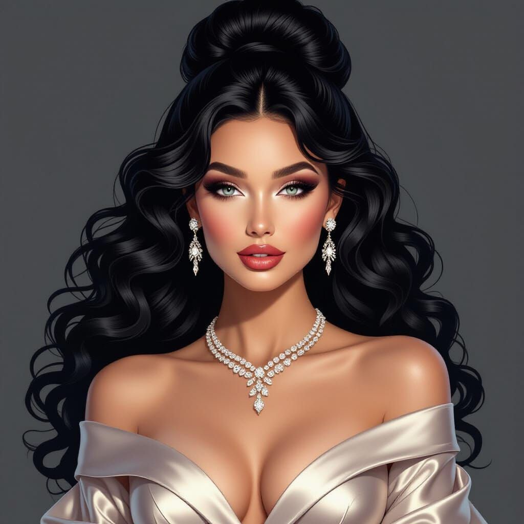 Glamorous Elegant Lady With Black Curly Hair Bun