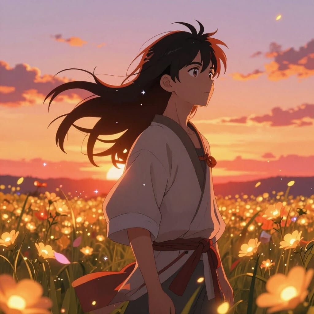 Anime Hero in Glowing Flower Field at Sunset Splash Art