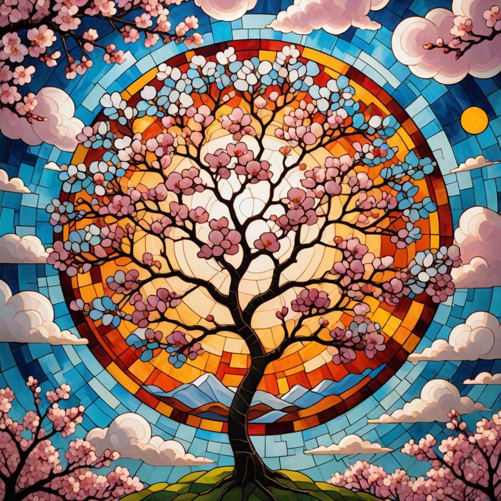 Vibrant Cherry Blossom Tree in Surreal Stained Glass Style