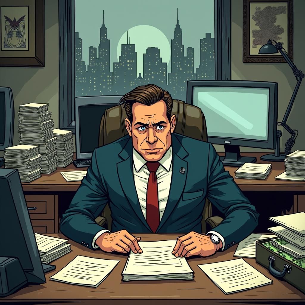 Anxious Businessman Cartoon in Bleak Gotham Style