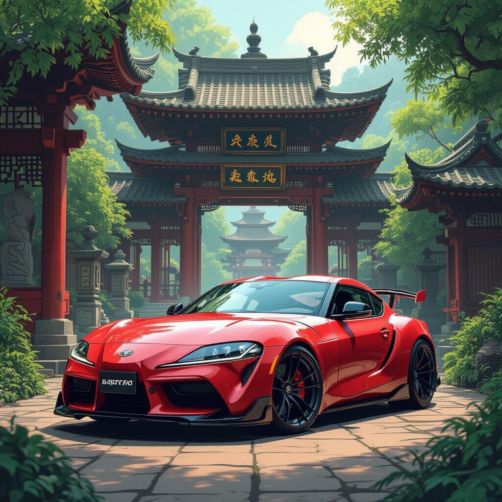 Toyota Supra and Ancient Temple in Cyberpunk Style