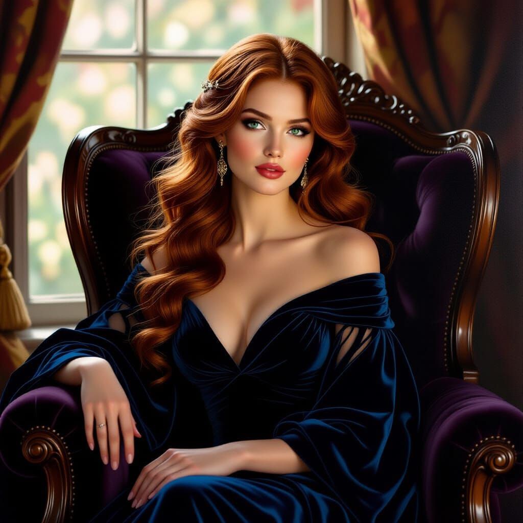 Ethereal Beauty in Velvet Armchair, Renaissance Style