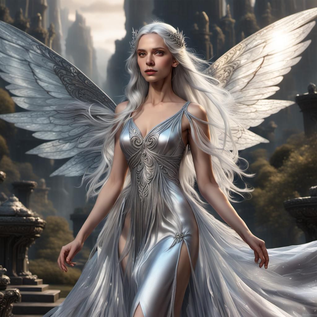 Silver Fairy in Dark Fantasy Landscape
