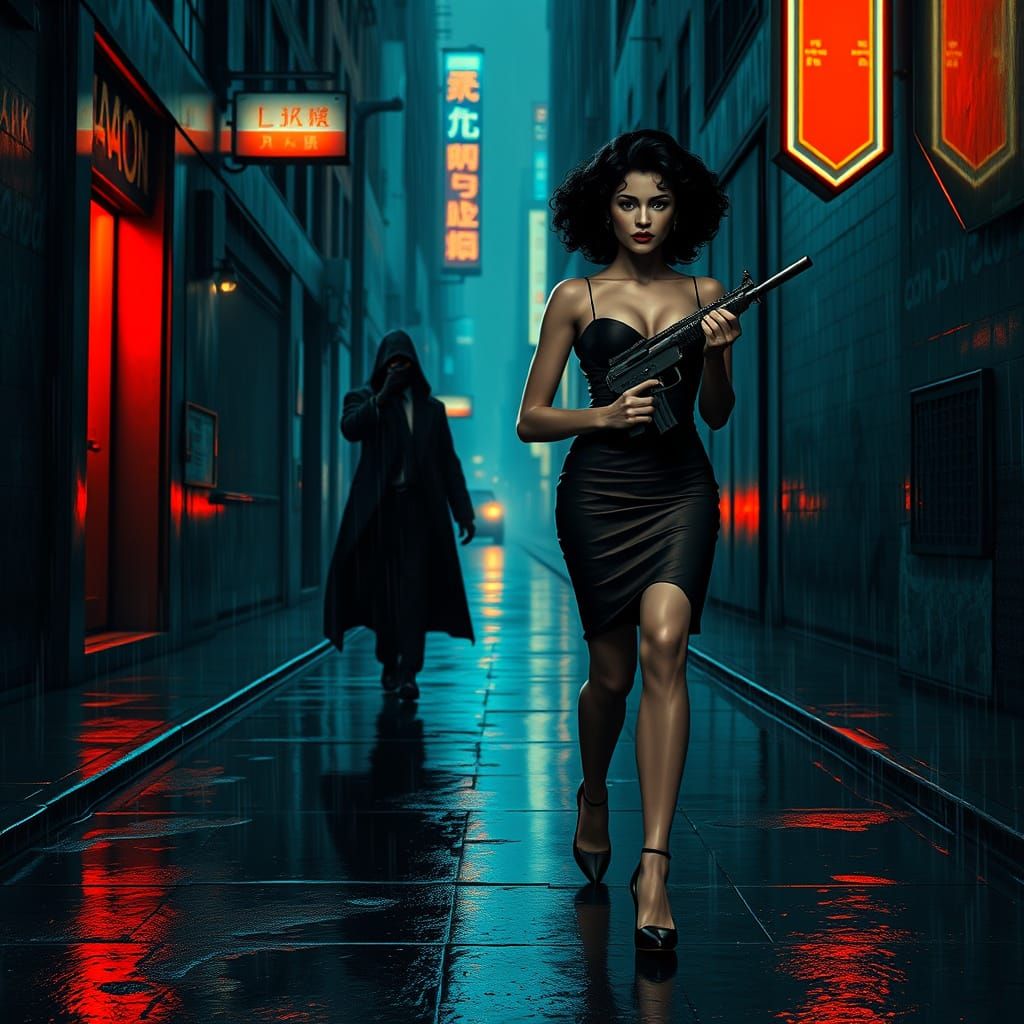 Mysterious Woman Chased by Gunman in Dark, Rainy City