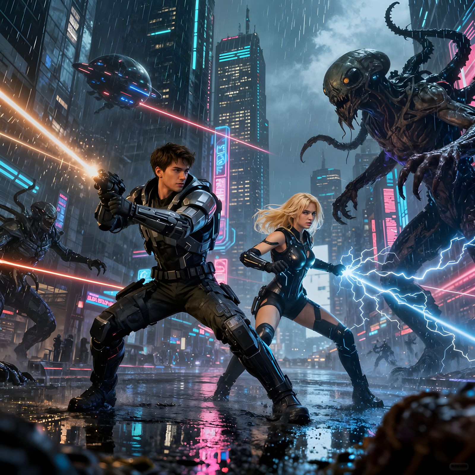 Futuristic Couple Battles Space Monsters in Cyberpunk City