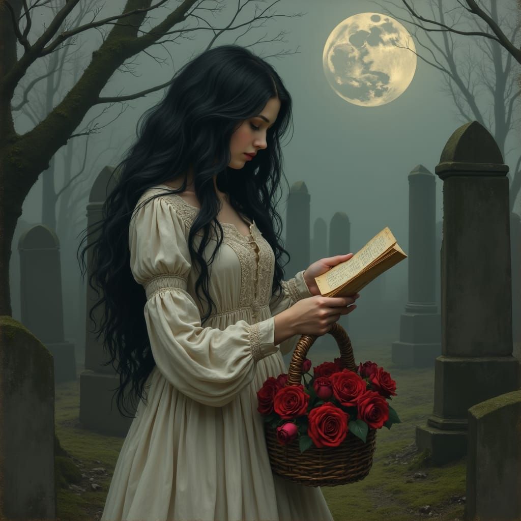 Victorian Woman Reading Letter in Graveyard