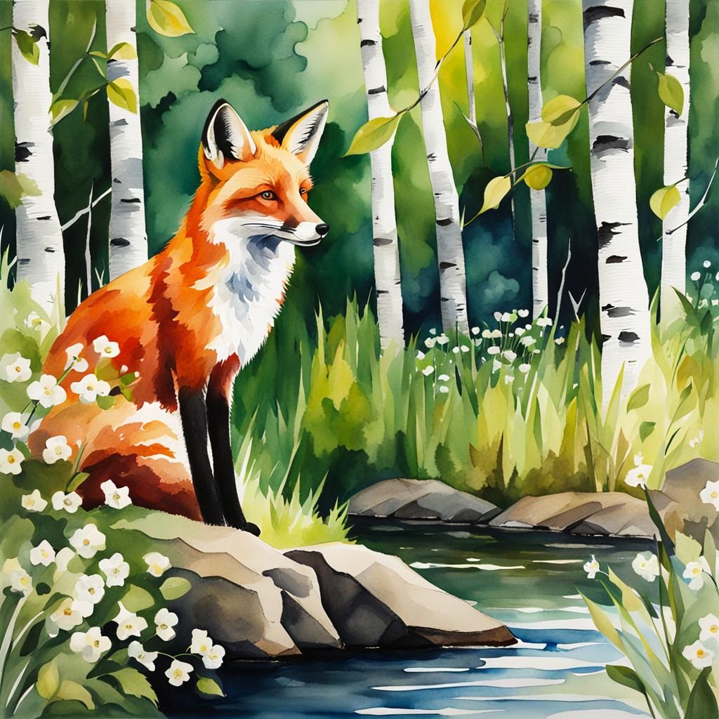 Fox by River: Vivid Watercolor Painting