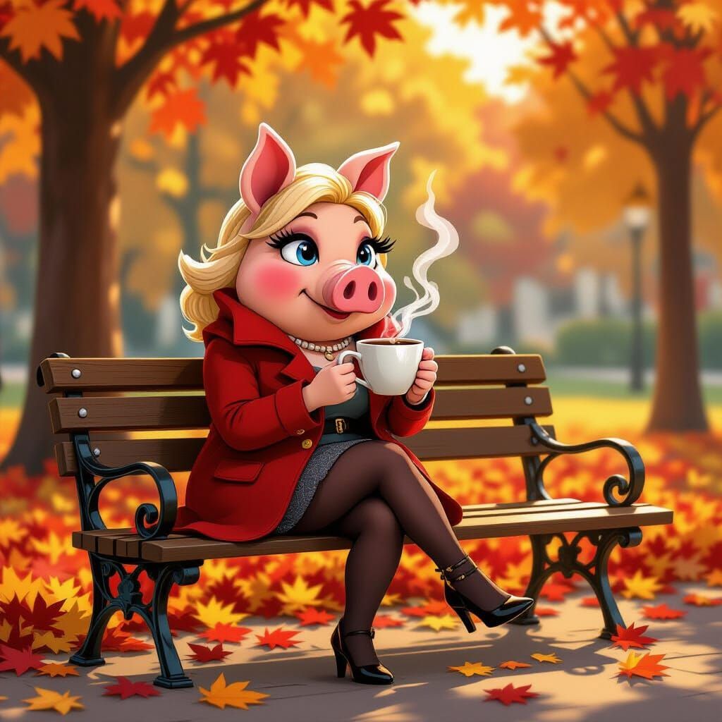 Miss Piggy Enjoys Coffee in Autumn Park, Cel-Shaded Style
