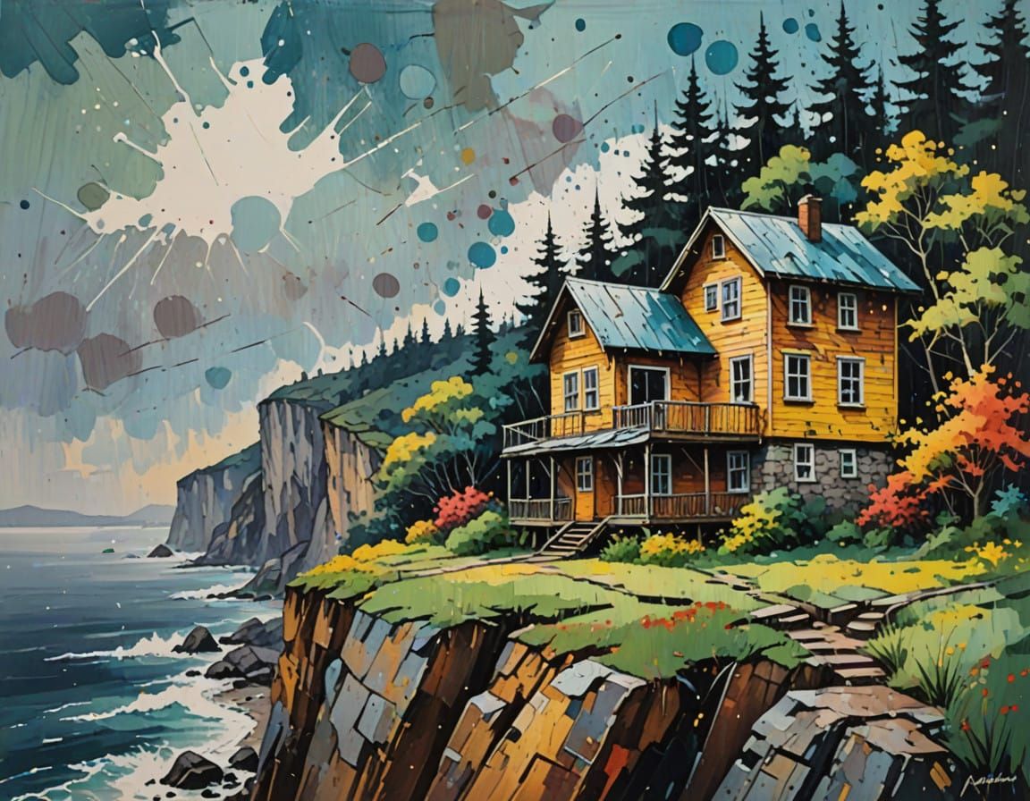 Vibrant Cliffside Cottage in Impasto Style