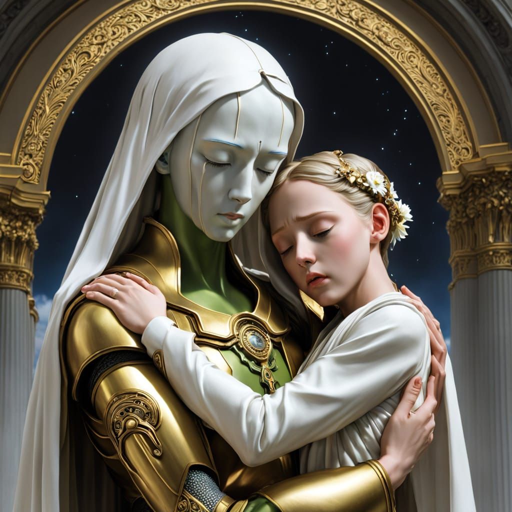Android God Comforts Weeping Person in Digital Art
