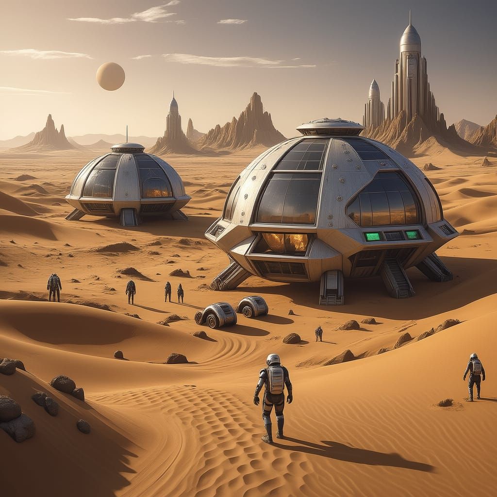 Robotic Explorers on Mars Near Futuristic Outpost