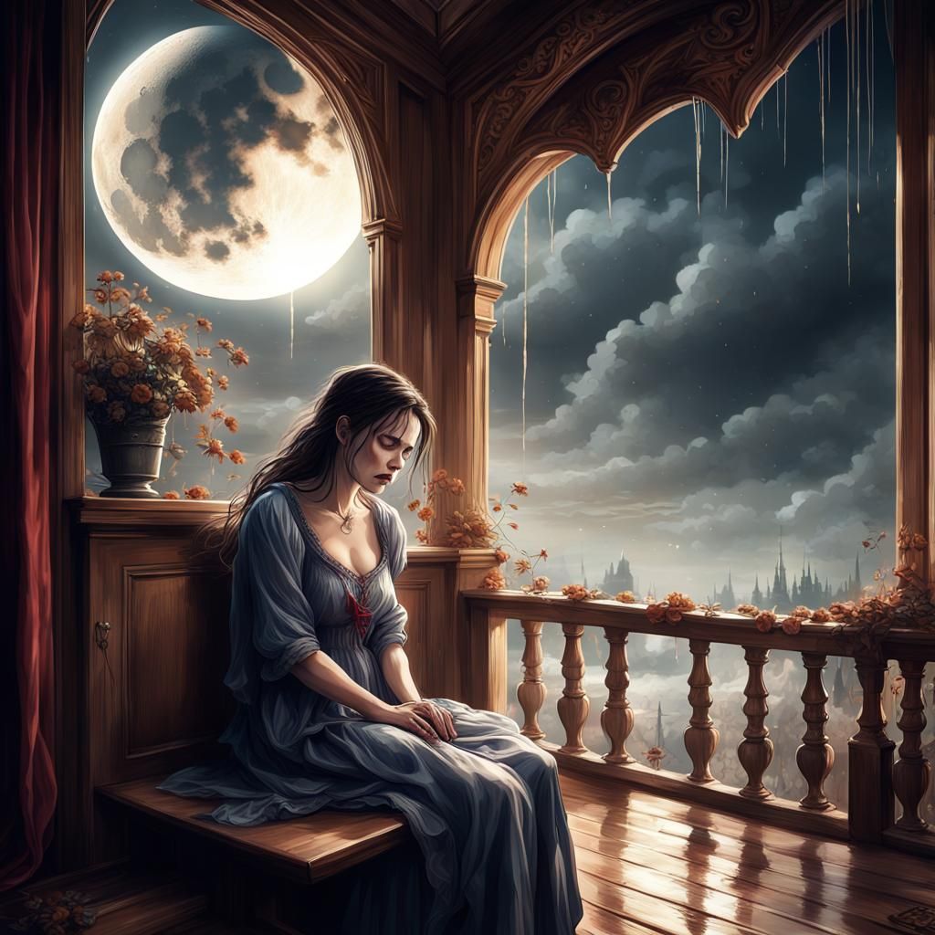 Sorrowful Woman in Ominous Moonlight: Matte Painting