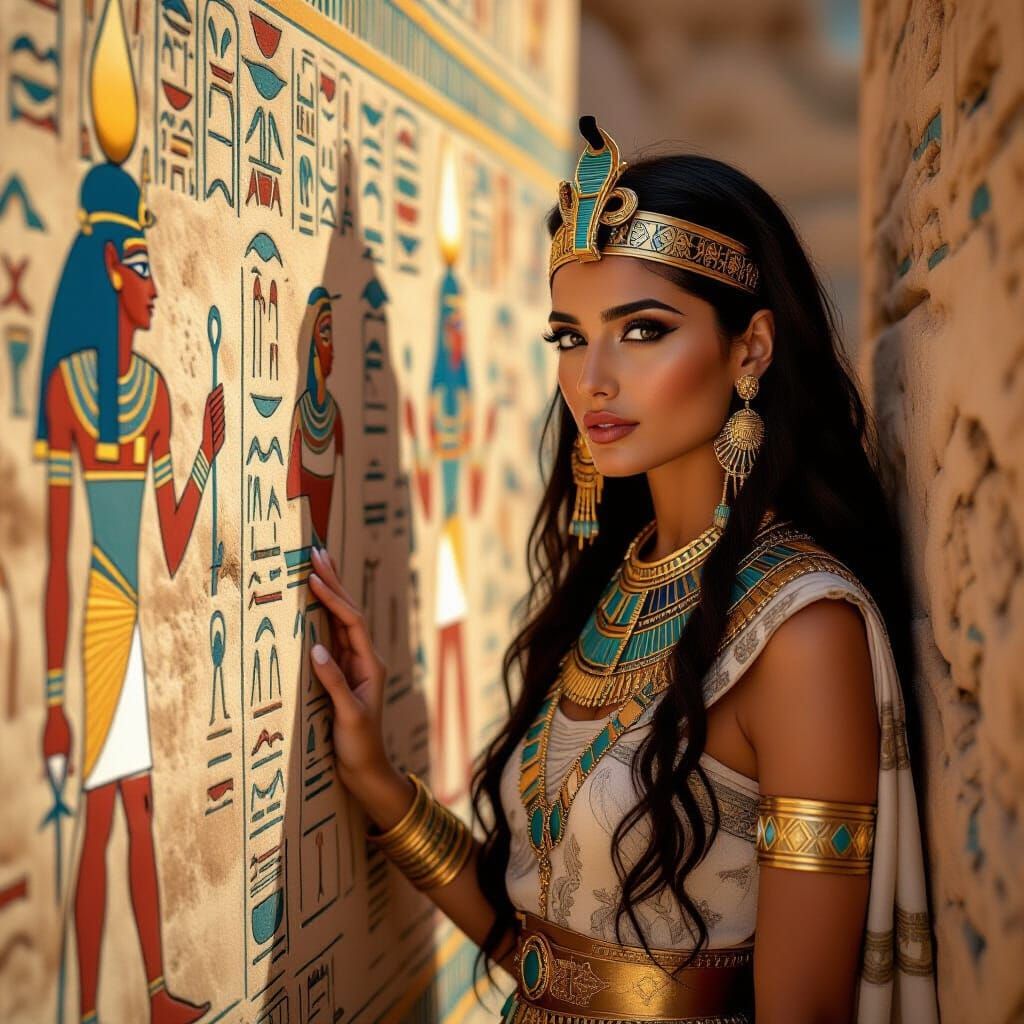 Egyptian Woman by Hieroglyph Wall in Photorealistic Style
