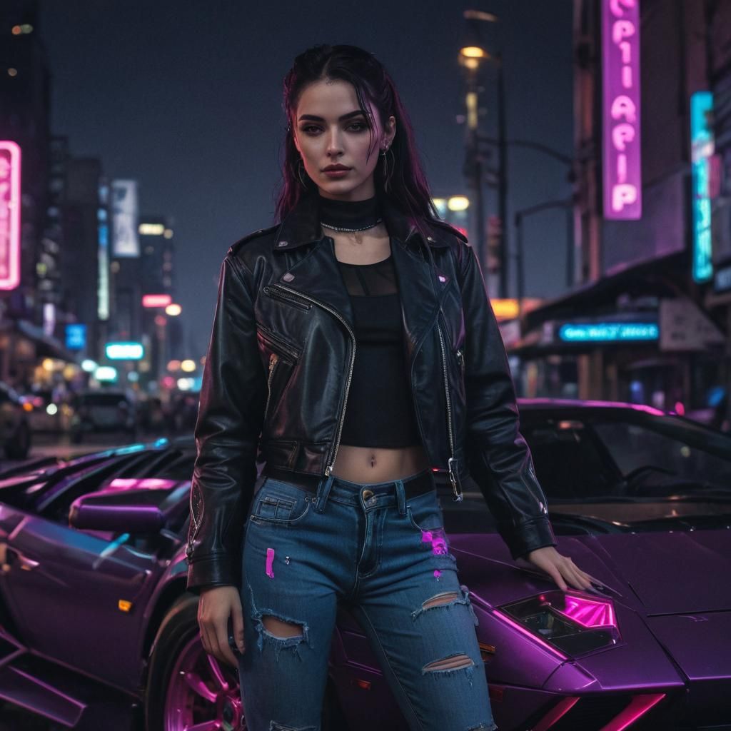Cyberpunk Woman and Lamborghini in Neon Cityscape