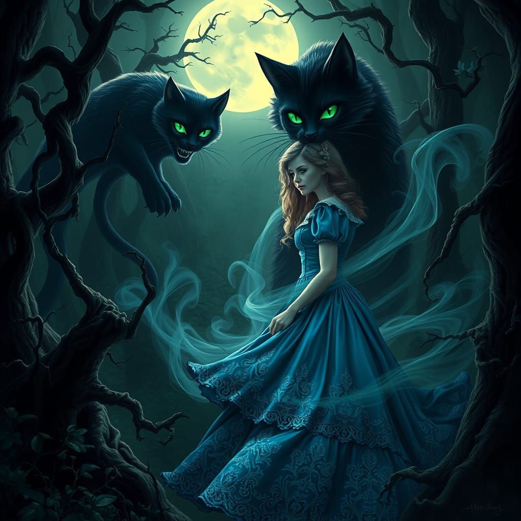Fearless Alice Confronts Dark, Ethereal Chesire Cat in Moonl...