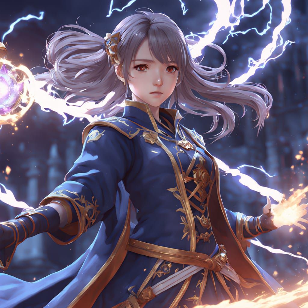 Anime Sorceress Defends Floating Temple with Elemental Magic