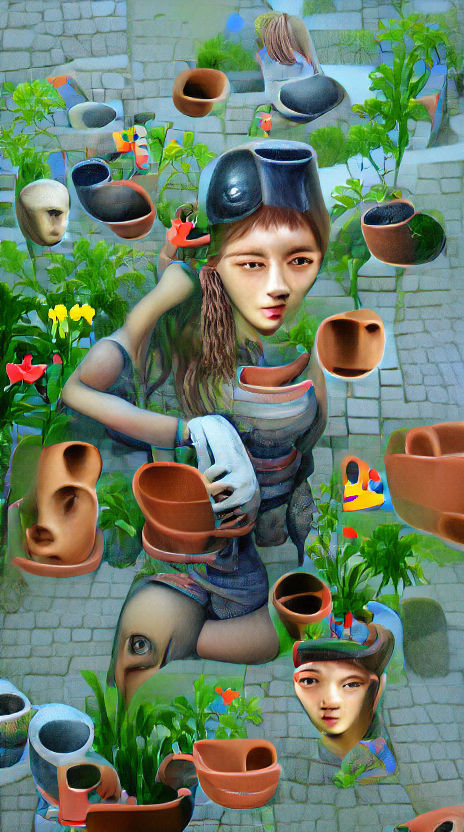Surreal Gardener Girl with Human Head Pots