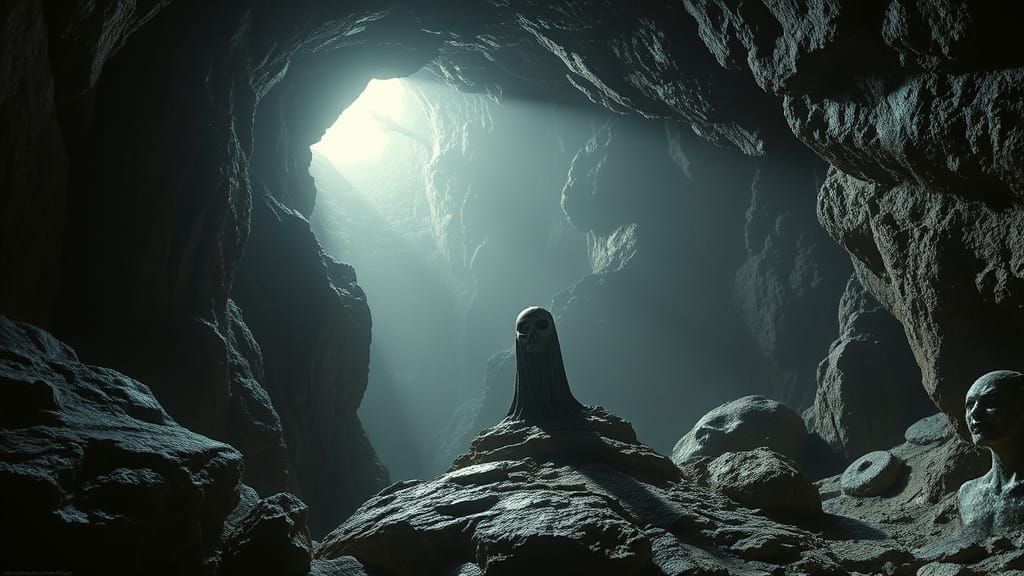 Grotesque Apparitions in Shadowy Chasm, Mixed Media Art