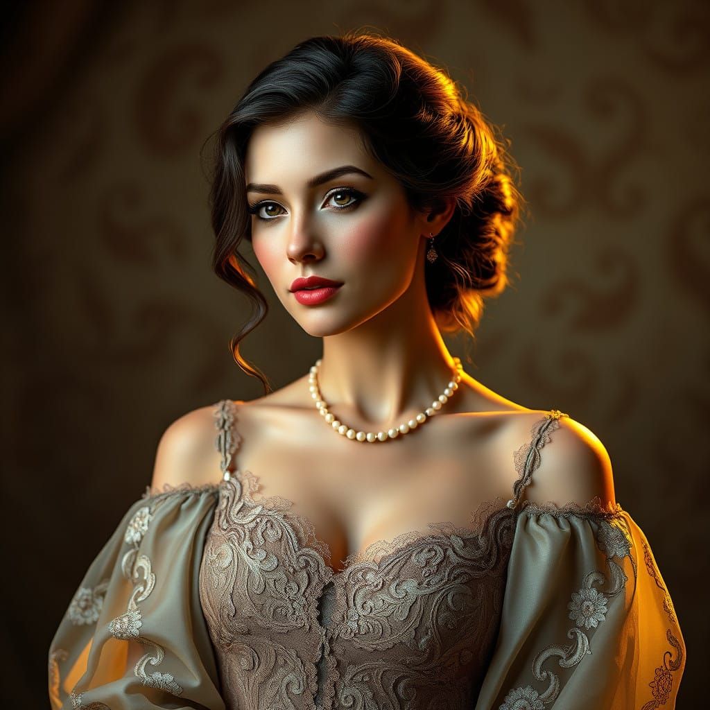 Elegant Parisian Woman in Art Nouveau Gown with Soft Lightin...