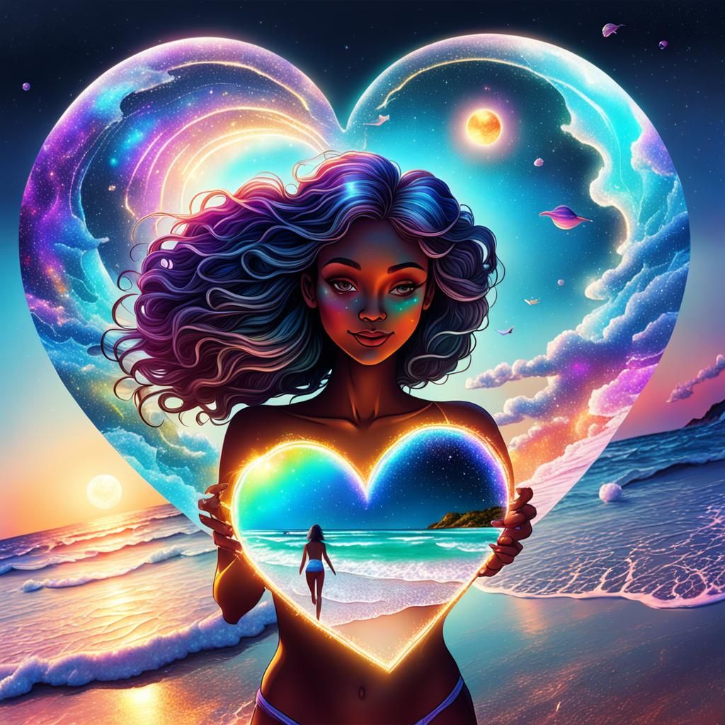 Holographic Mother's Day Illustration with Beach Heart