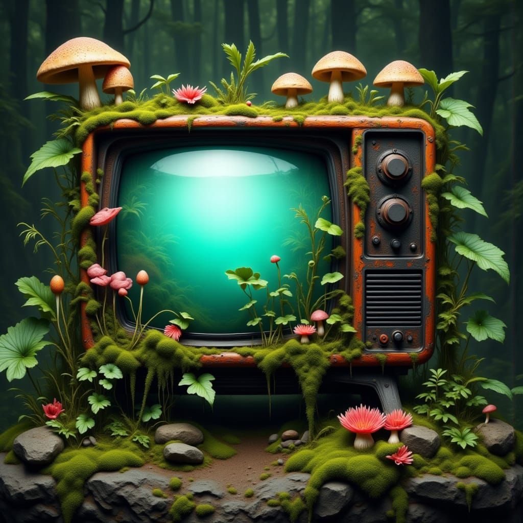 Vintage TV Absorbed by Lush Nature
