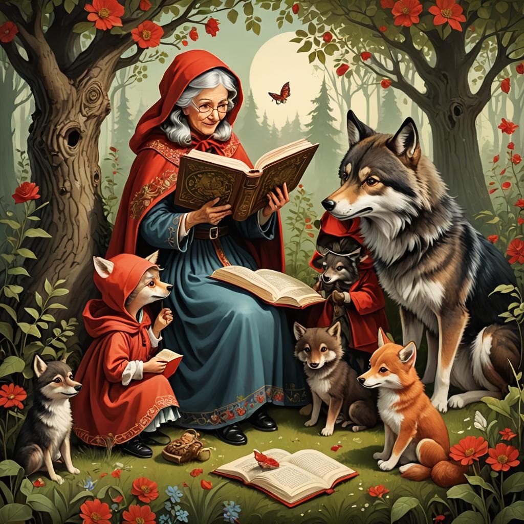 Cozy Storybook Scene: Grandmother Reads to Happy Wolf Cubs a...