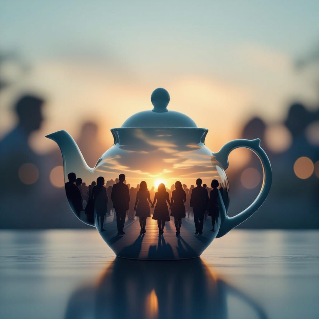 Teapot Double Exposure in Folk Art Style