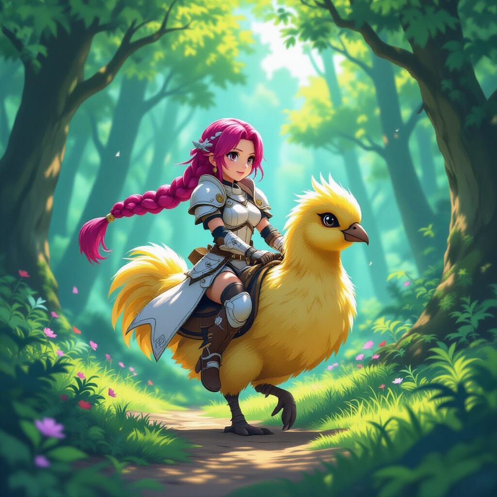 Final Fantasy Character Rides Chocobo in Anime Forest