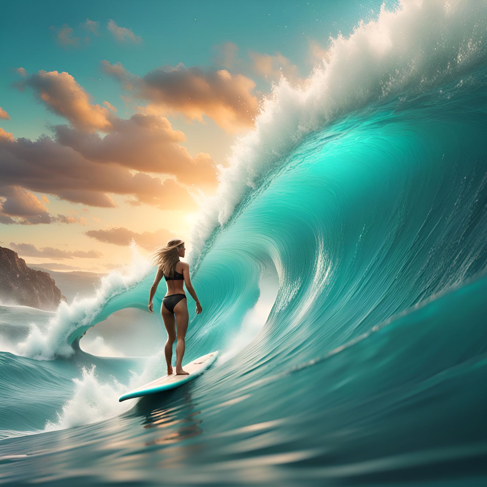 Surfer Girl Conquers Turquoise Wave: Fantasy Concept Art