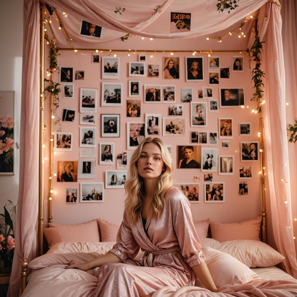 Young Woman on Pink Canopy Bed, Ultra-Realistic Photo