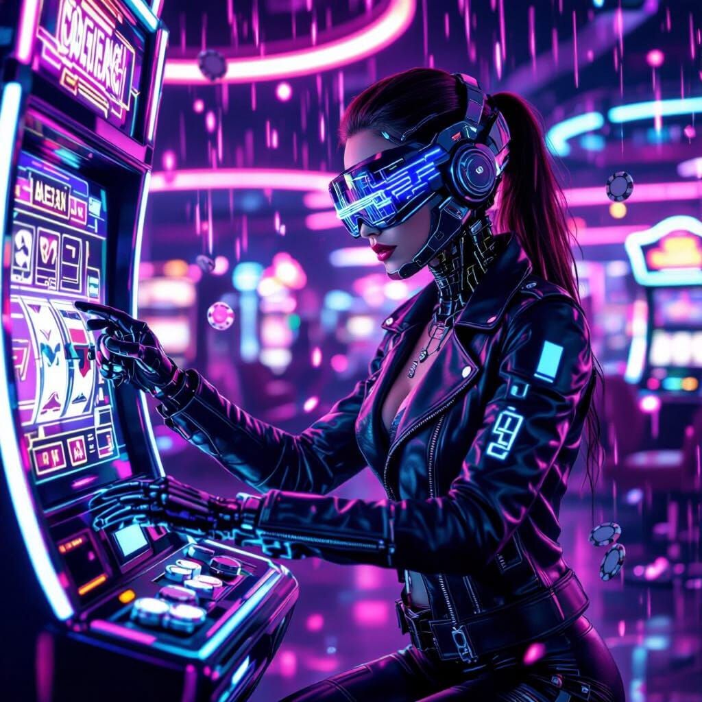 Cyberpunk Cyborg at Holographic Slot Machine