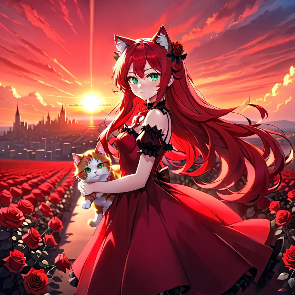 Anime Girl with Rose Hair and Cat Ears