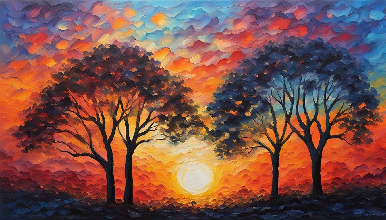 Sunrise Tree Silhouettes in Expressionist Oil Painting