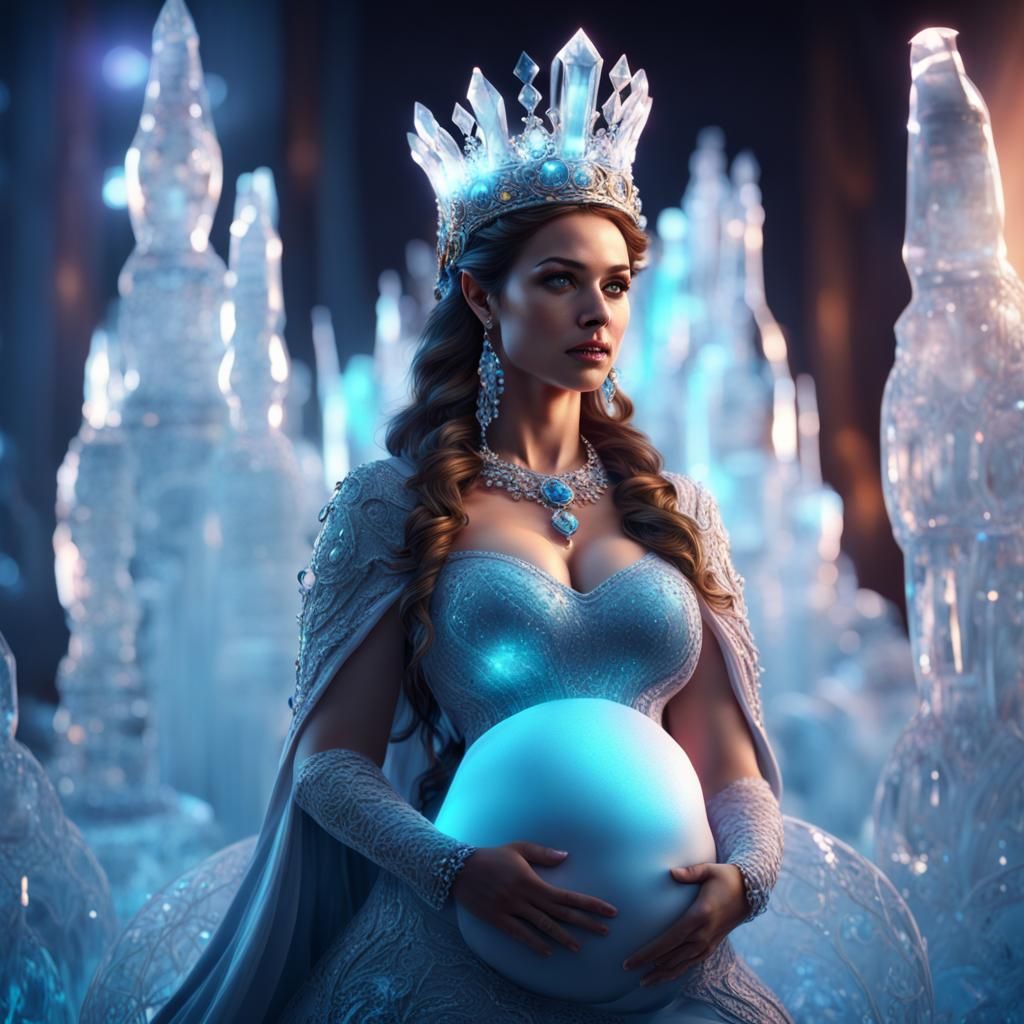 Glowing Ice Sculpture of a Pregnant Queen