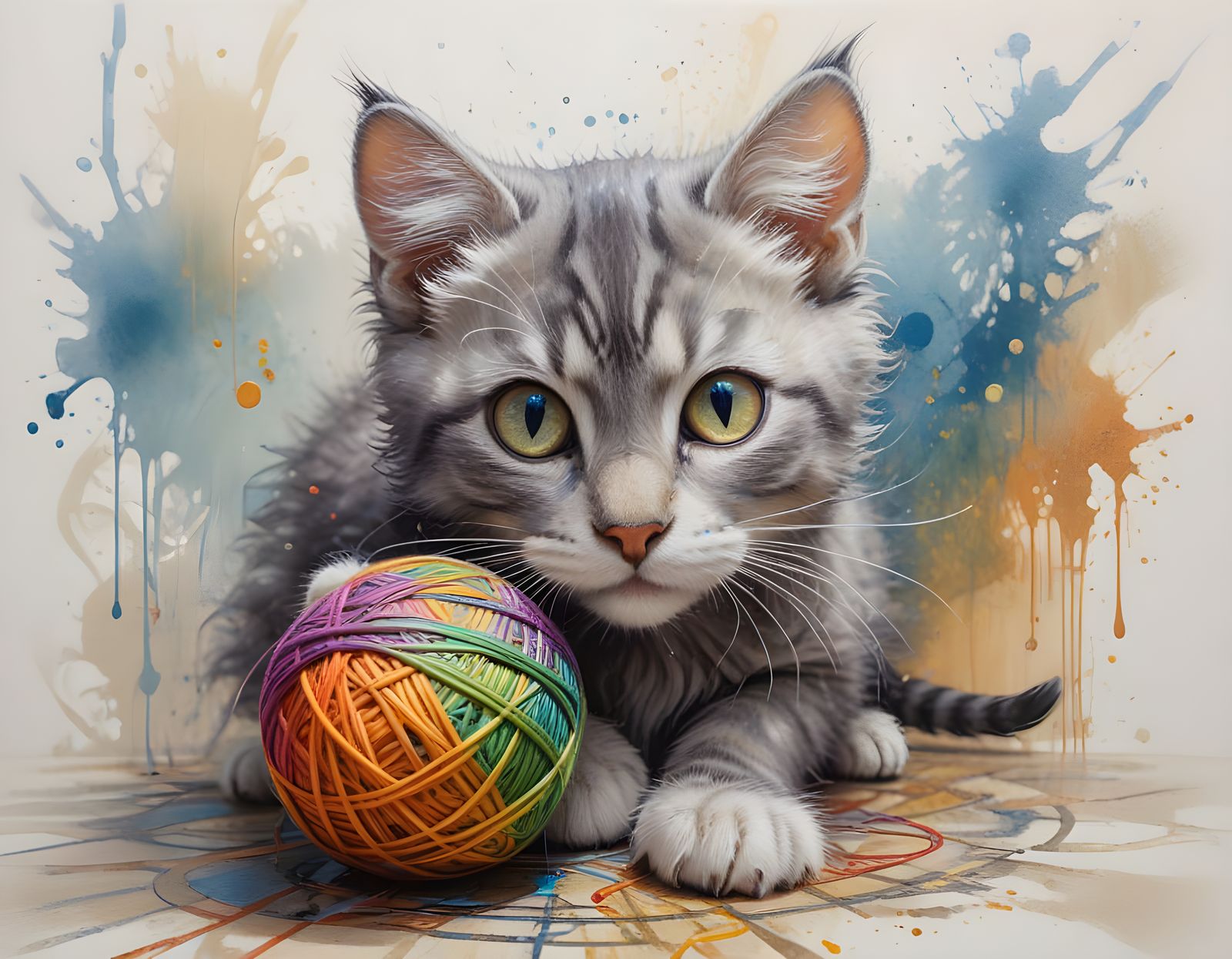 Big Eyed Kitten Plays with Yarn in Watercolor Style