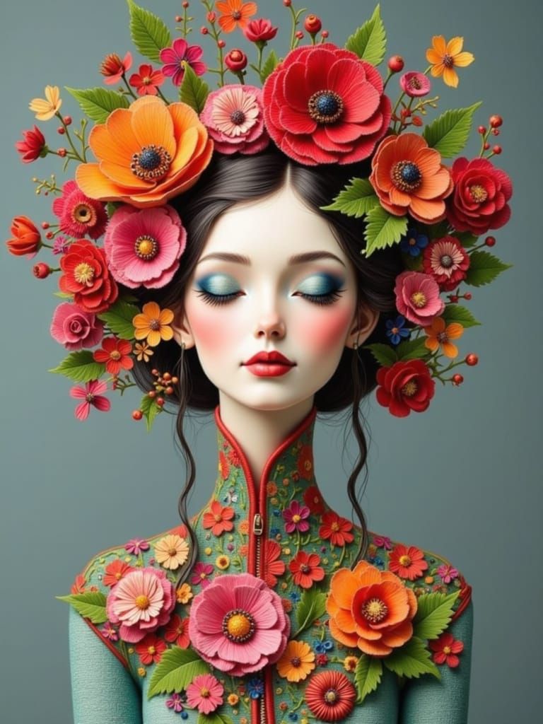 Surreal Figure Adorned with Intricate Floral Embroidery in a...