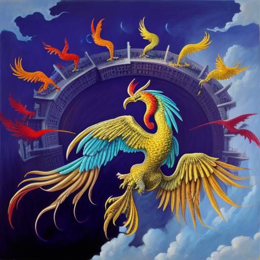 Surreal Phoenixes Soaring Through Palace