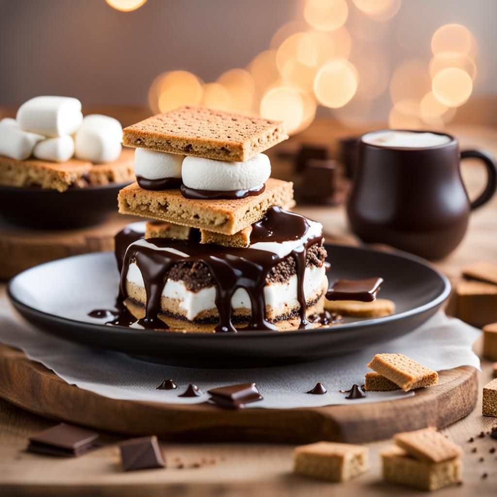 An indulgent dessert featuring charred marshmallow, chocolate fondant, and graham cracker crumbs.