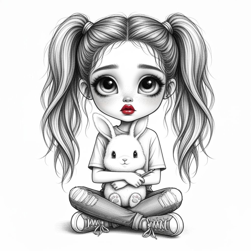 Stylized Girl Hugging Bunny, Monochrome Sketch