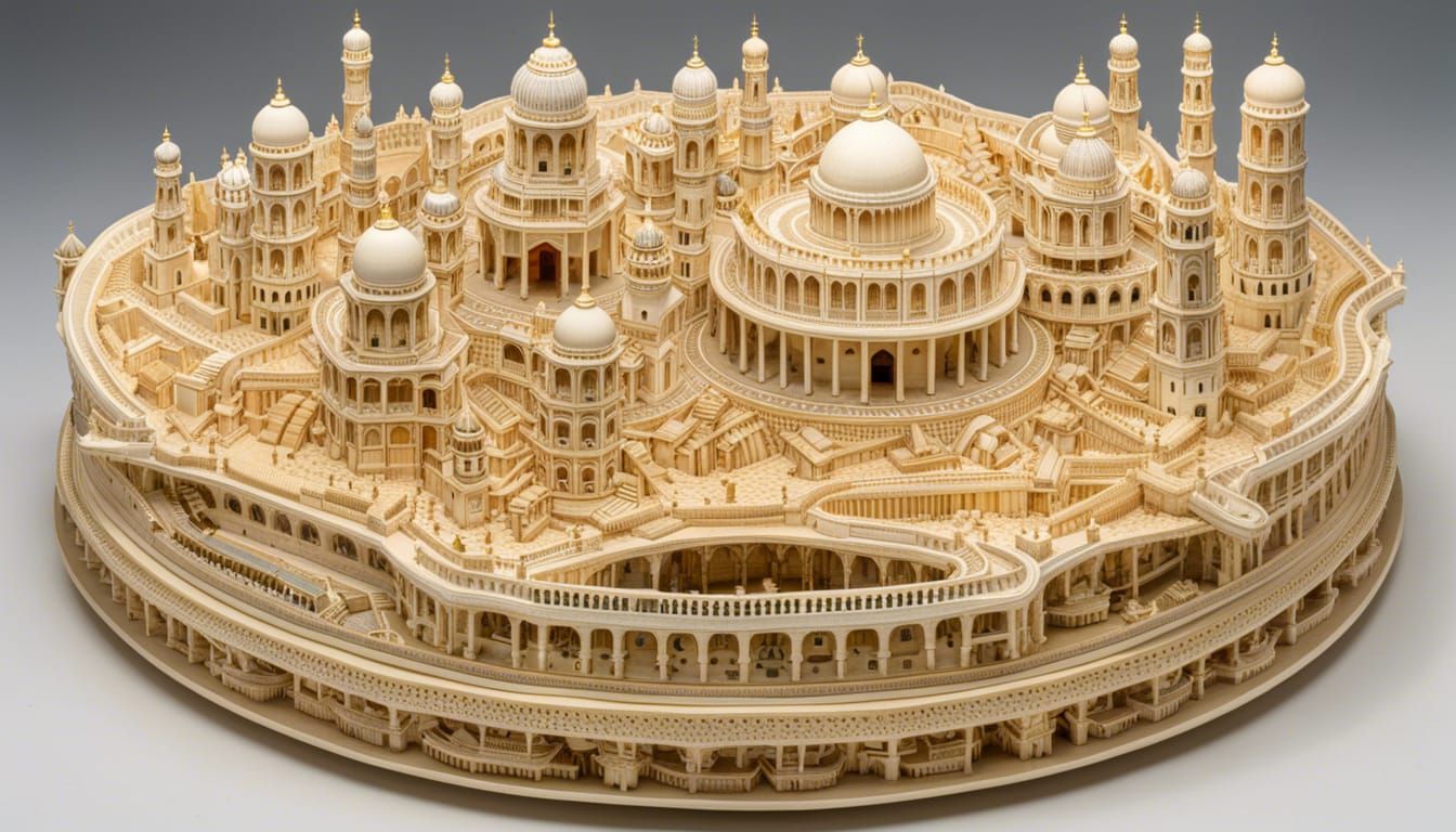 Miniature Ivory City Dominated by Crocodile and Whale