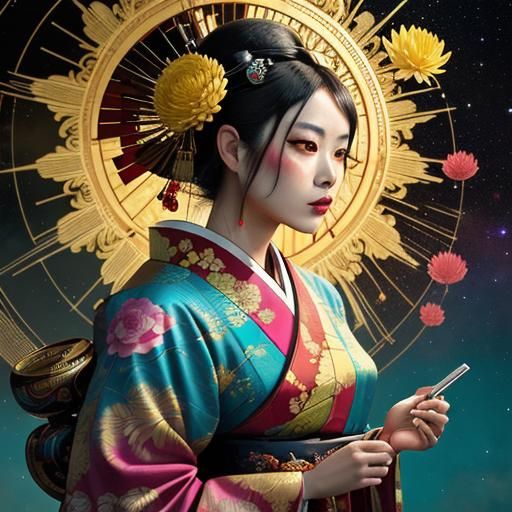 Geisha in Mirrored Reflection: A Dark Fantasy Portrait