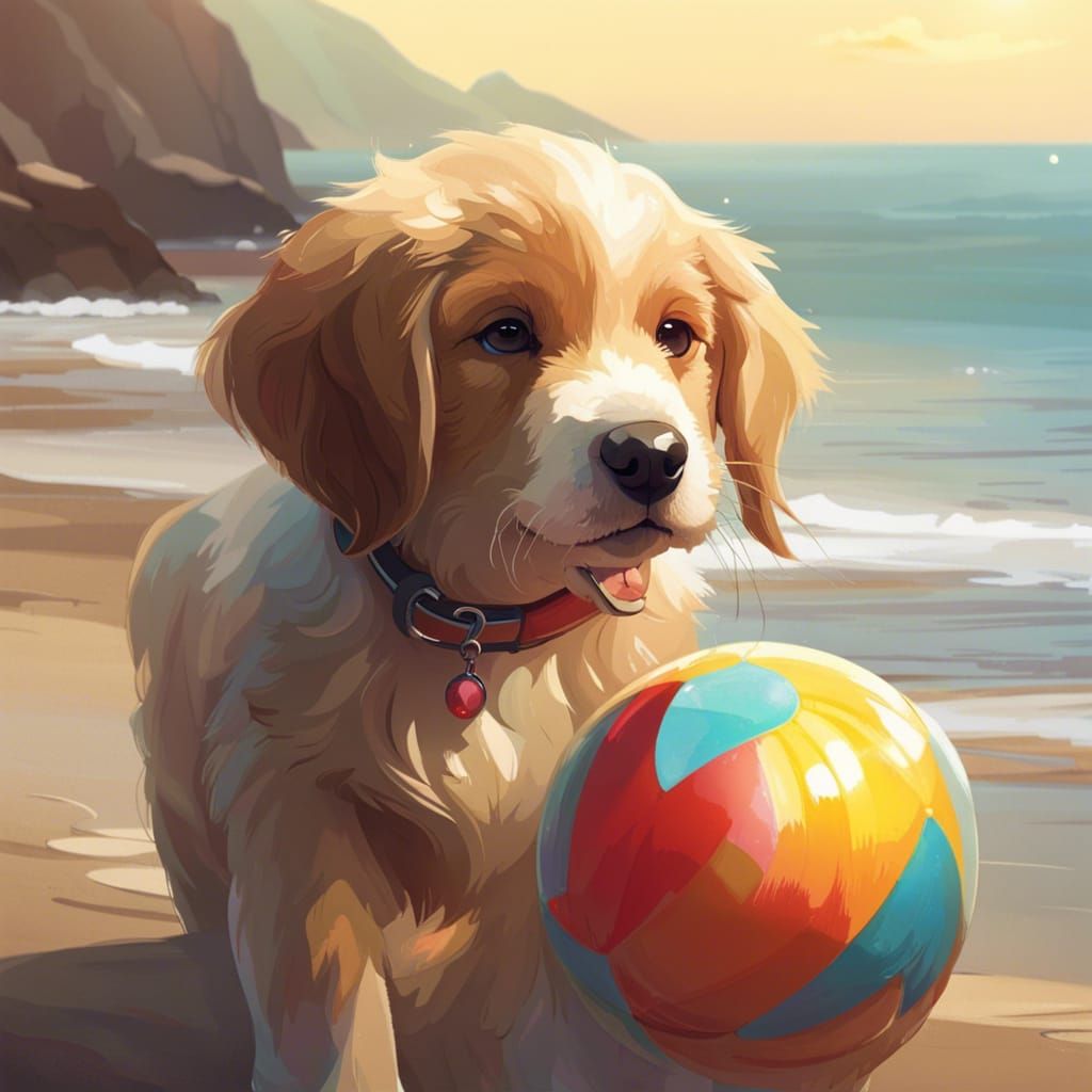 Delightful Puppy Portrait Playing with Beach Ball