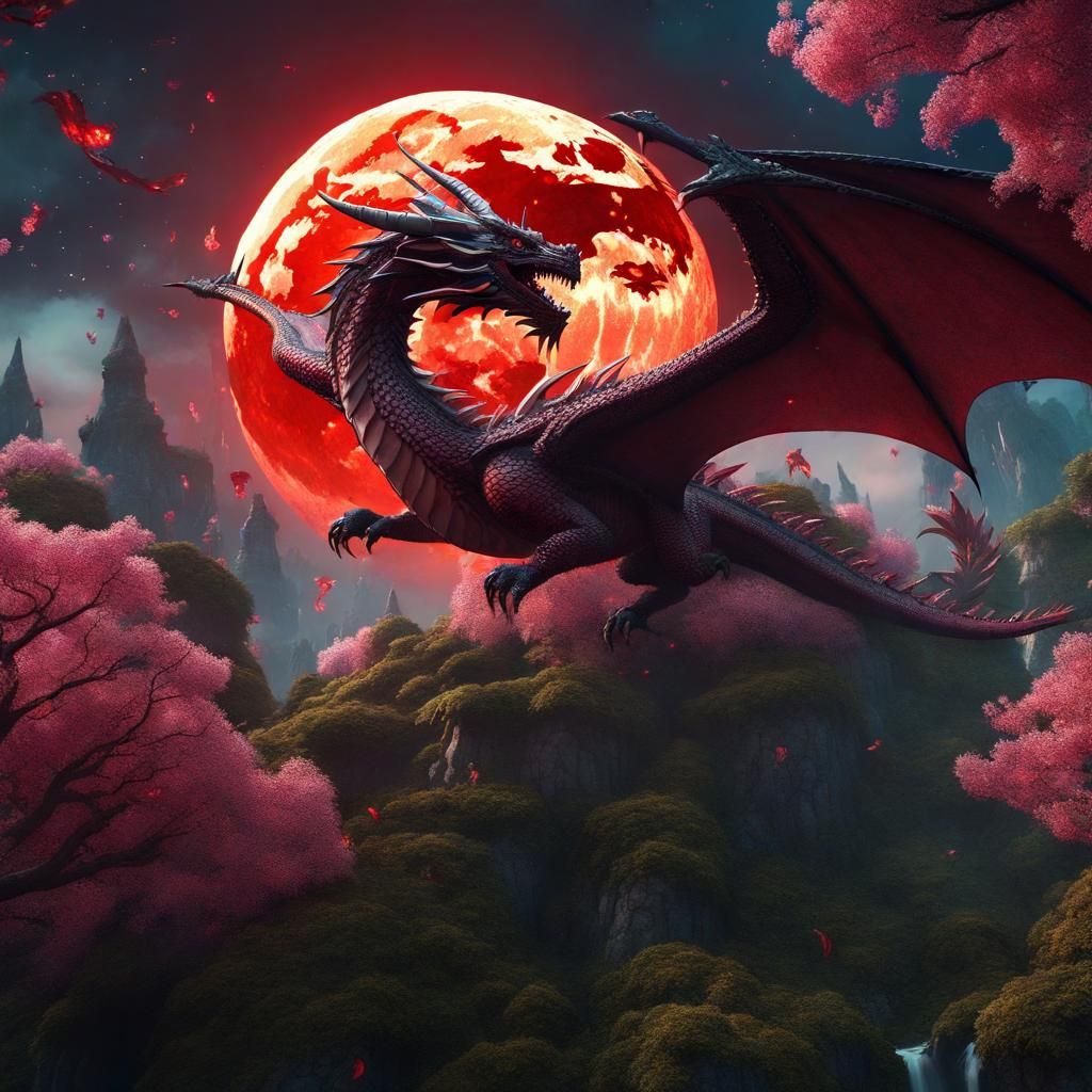Dragon Soaring Above Blossom Forest Under Blood Moon