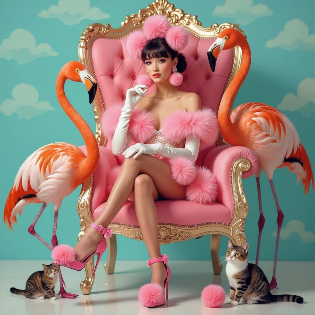 Whimsical Beach Scene with Woman, Flamingo and Cat