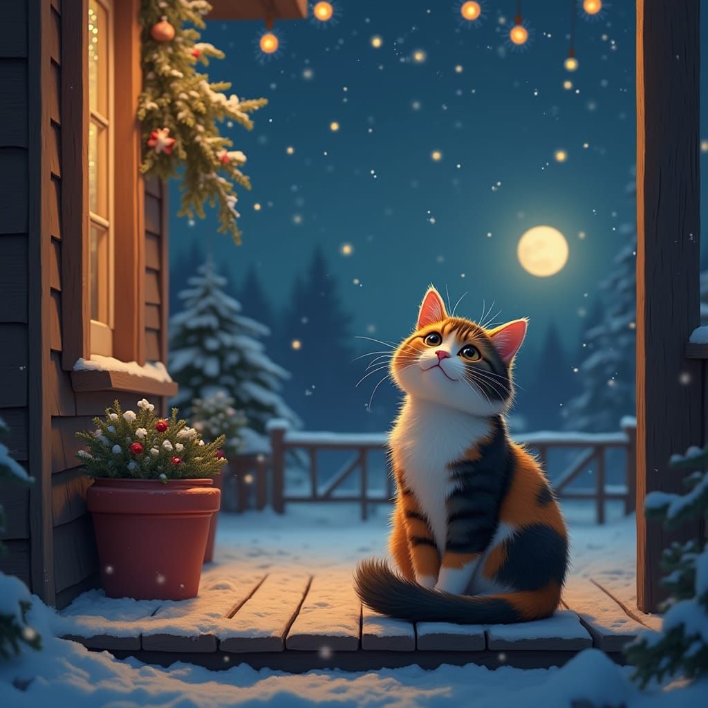 Calico Cat on Snowy Porch with Christmas Lights
