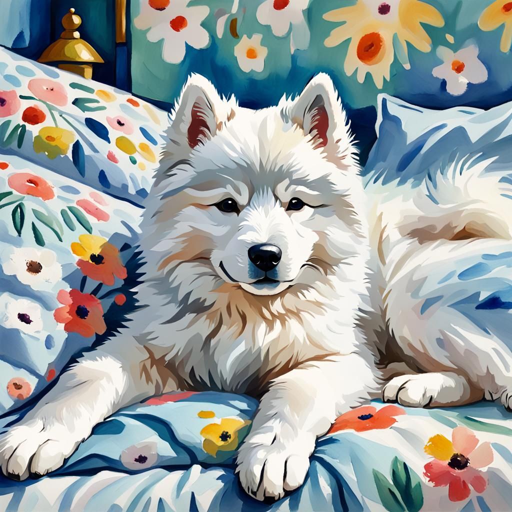 Samoyed Pup Relaxing in Bed, Gouache Watercolor Style